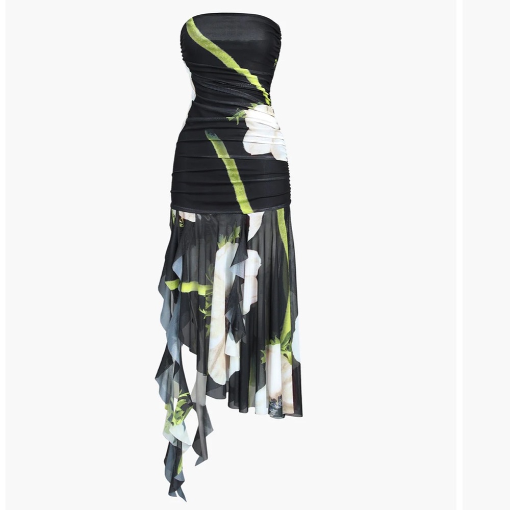 NWT Commense Gardenia Floral Mesh Pleat Tube Midi Dress